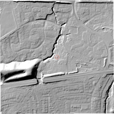 Shaded relief map of the ground around M281ZH, computed from Environment Agency LiDAR. The ground here sits at about 51 m above sea level and falls 26 m across the surrounding 800 m. Surface water reaching this point runs off ground lying to the south-south-west, 7.3 m higher.