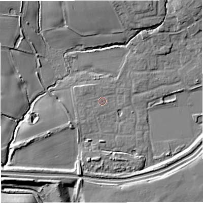 Shaded relief map of the ground around M281ZQ, computed from Environment Agency LiDAR. The ground here sits at about 23 m above sea level and falls 13 m across the surrounding 800 m. Surface water reaching this point runs off ground lying to the west-north-west, 1.5 m higher.