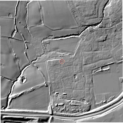 Shaded relief map of the ground around M281ZS, computed from Environment Agency LiDAR. The ground here sits at about 23 m above sea level and falls 13 m across the surrounding 800 m. Surface water reaching this point runs off ground lying to the north-east, 2.1 m higher.