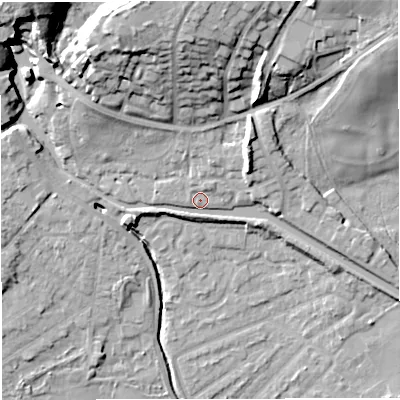 Shaded relief map of the ground around M282AH, computed from Environment Agency LiDAR. The ground here sits at about 26 m above sea level and falls 27 m across the surrounding 800 m. Surface water reaching this point runs off ground lying to the north-west, 21.6 m higher.