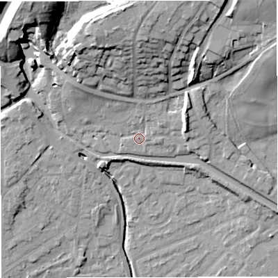 Shaded relief map of the ground around M282AJ, computed from Environment Agency LiDAR. The ground here sits at about 26 m above sea level and falls 29 m across the surrounding 800 m. Surface water reaching this point runs off ground lying to the north, 18.8 m higher.