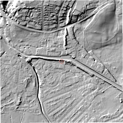 Shaded relief map of the ground around M282BW, computed from Environment Agency LiDAR. The ground here sits at about 24 m above sea level and falls 24 m across the surrounding 800 m. Surface water reaching this point runs off ground lying to the north-east, 3.2 m higher.