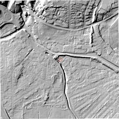 Shaded relief map of the ground around M282EA, computed from Environment Agency LiDAR. The ground here sits at about 23 m above sea level and falls 26 m across the surrounding 800 m. Surface water reaching this point runs off ground lying to the west-north-west, 7.8 m higher.