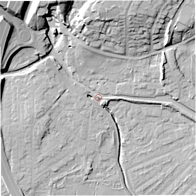 Shaded relief map of the ground around M282EB, computed from Environment Agency LiDAR. The ground here sits at about 26 m above sea level and falls 27 m across the surrounding 800 m. Surface water reaching this point runs off ground lying to the north-west, 22.0 m higher.