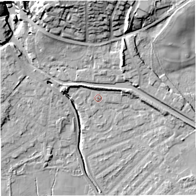 Shaded relief map of the ground around M282ED, computed from Environment Agency LiDAR. The ground here sits at about 24 m above sea level and falls 24 m across the surrounding 800 m. Surface water reaching this point runs off ground lying to the north-north-west, 3.2 m higher.