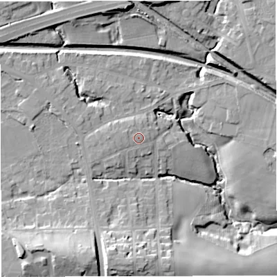 Shaded relief map of the ground around M282GN, computed from Environment Agency LiDAR. The ground here sits at about 54 m above sea level and falls 24 m across the surrounding 800 m. Surface water reaching this point runs off ground lying to the west, 1.8 m higher.