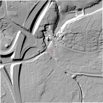 Shaded relief map of the ground around M282GS, computed from Environment Agency LiDAR. The ground here sits at about 27 m above sea level and falls 39 m across the surrounding 800 m. Surface water reaching this point runs off ground lying to the north-west, 32.9 m higher.