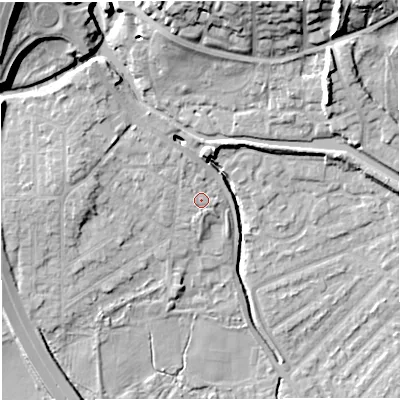 Shaded relief map of the ground around M282GX, computed from Environment Agency LiDAR. The ground here sits at about 25 m above sea level and falls 24 m across the surrounding 800 m. Surface water reaching this point runs off ground lying to the north-west, 0.8 m higher.