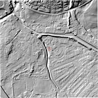 Shaded relief map of the ground around M282HA, computed from Environment Agency LiDAR. The ground here sits at about 23 m above sea level and falls 21 m across the surrounding 800 m. Surface water reaching this point runs off ground lying to the north-west, 8.6 m higher.