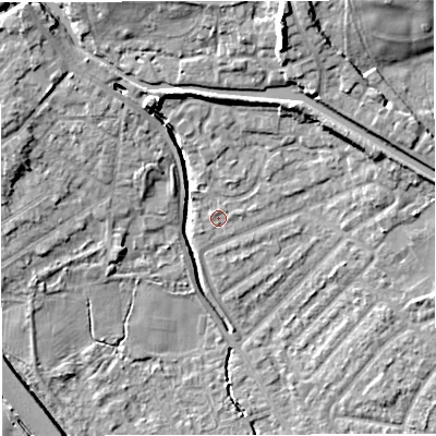 Shaded relief map of the ground around M282HB, computed from Environment Agency LiDAR. The ground here sits at about 22 m above sea level and falls 15 m across the surrounding 800 m. Surface water reaching this point runs off ground lying to the north, 5.0 m higher.