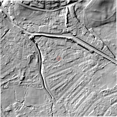 Shaded relief map of the ground around M282HD, computed from Environment Agency LiDAR. The ground here sits at about 22 m above sea level and falls 19 m across the surrounding 800 m. Surface water reaching this point runs off ground lying to the north-north-west, 4.5 m higher.
