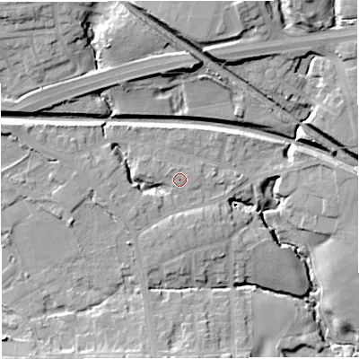 Shaded relief map of the ground around M282JN, computed from Environment Agency LiDAR. The ground here sits at about 53 m above sea level and falls 24 m across the surrounding 800 m. Surface water reaching this point runs off ground lying to the west, 1.1 m higher.