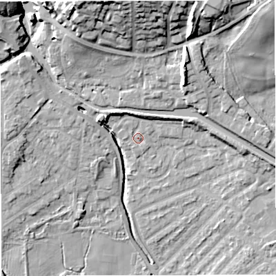 Shaded relief map of the ground around M282LL, computed from Environment Agency LiDAR. The ground here sits at about 23 m above sea level and falls 22 m across the surrounding 800 m. Surface water reaching this point runs off ground lying to the north-north-west, 3.6 m higher.