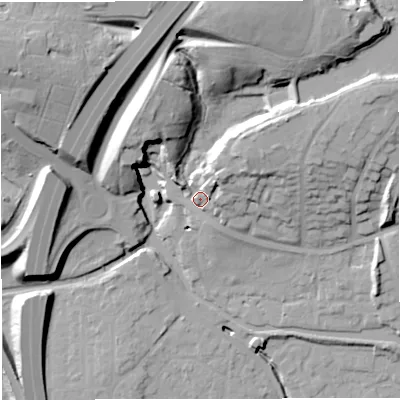 Shaded relief map of the ground around M282NL, computed from Environment Agency LiDAR. The ground here sits at about 34 m above sea level and falls 37 m across the surrounding 800 m. Surface water reaching this point runs off ground lying to the north-north-east, 23.4 m higher.