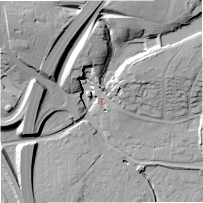 Shaded relief map of the ground around M282NN, computed from Environment Agency LiDAR. The ground here sits at about 29 m above sea level and falls 38 m across the surrounding 800 m. Surface water reaching this point runs off ground lying to the north-north-east, 25.1 m higher.