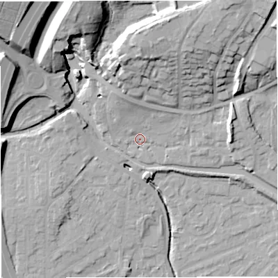 Shaded relief map of the ground around M282PA, computed from Environment Agency LiDAR. The ground here sits at about 26 m above sea level and falls 33 m across the surrounding 800 m. Surface water reaching this point runs off ground lying to the north-north-west, 7.1 m higher.