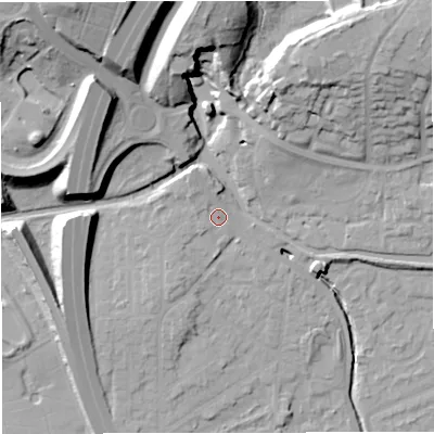 Shaded relief map of the ground around M282PD, computed from Environment Agency LiDAR. The ground here sits at about 27 m above sea level and falls 33 m across the surrounding 800 m. Surface water reaching this point runs off ground lying to the north-north-west, 3.5 m higher.