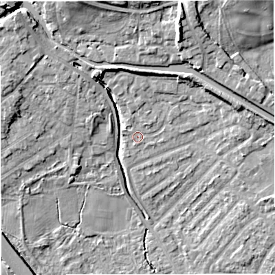 Shaded relief map of the ground around M282PY, computed from Environment Agency LiDAR. The ground here sits at about 22 m above sea level and falls 15 m across the surrounding 800 m. Surface water reaching this point runs off ground lying to the north, 4.9 m higher.