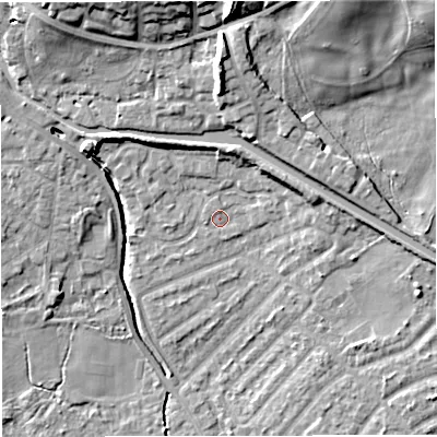 Shaded relief map of the ground around M282PZ, computed from Environment Agency LiDAR. The ground here sits at about 22 m above sea level and falls 19 m across the surrounding 800 m. Surface water reaching this point runs off ground lying to the north, 0.9 m higher.