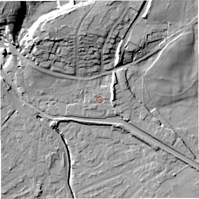 Shaded relief map of the ground around M282QE, computed from Environment Agency LiDAR. The ground here sits at about 27 m above sea level and falls 29 m across the surrounding 800 m. Surface water reaching this point runs off ground lying to the north-west, 1.8 m higher.
