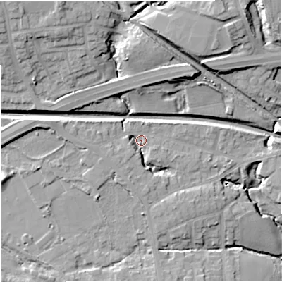 Shaded relief map of the ground around M282QH, computed from Environment Agency LiDAR. The ground here sits at about 53 m above sea level and falls 26 m across the surrounding 800 m. Surface water reaching this point runs off ground lying to the west, 6.3 m higher.
