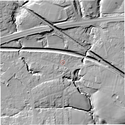Shaded relief map of the ground around M282QN, computed from Environment Agency LiDAR. The ground here sits at about 53 m above sea level and falls 25 m across the surrounding 800 m. Surface water reaching this point runs off ground lying to the west-north-west, 2.3 m higher.