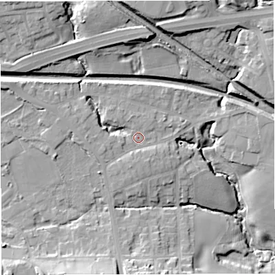 Shaded relief map of the ground around M282RU, computed from Environment Agency LiDAR. The ground here sits at about 53 m above sea level and falls 23 m across the surrounding 800 m. Surface water reaching this point runs off ground lying to the west-north-west, 6.3 m higher.