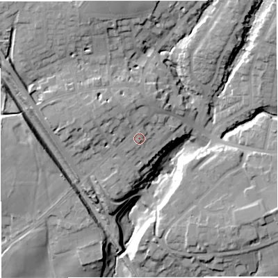 Shaded relief map of the ground around M282SJ, computed from Environment Agency LiDAR. The ground here sits at about 47 m above sea level and falls 26 m across the surrounding 800 m. Surface water reaching this point runs off ground lying to the north, 1.2 m higher.