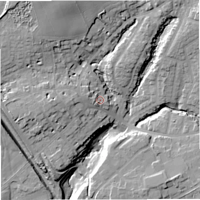 Shaded relief map of the ground around M282SN, computed from Environment Agency LiDAR. The ground here sits at about 44 m above sea level and falls 28 m across the surrounding 800 m. Surface water reaching this point runs off ground lying to the west, 4.4 m higher.