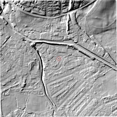 Shaded relief map of the ground around M282UL, computed from Environment Agency LiDAR. The ground here sits at about 23 m above sea level and falls 21 m across the surrounding 800 m. Surface water reaching this point runs off ground lying to the north-west, 4.3 m higher.