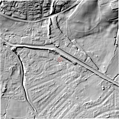 Shaded relief map of the ground around M282UR, computed from Environment Agency LiDAR. The ground here sits at about 23 m above sea level and falls 23 m across the surrounding 800 m. Surface water reaching this point runs off ground lying to the east-north-east, 4.4 m higher.