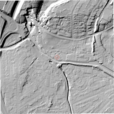Shaded relief map of the ground around M282WN, computed from Environment Agency LiDAR. The ground here sits at about 26 m above sea level and falls 30 m across the surrounding 800 m. Surface water reaching this point runs off ground lying to the north-west, 24.5 m higher.