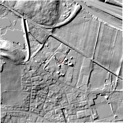 Shaded relief map of the ground around M283JS, computed from Environment Agency LiDAR. The ground here sits at about 96 m above sea level and falls 19 m across the surrounding 800 m. Surface water reaching this point runs off ground lying to the east-north-east, 5.7 m higher.