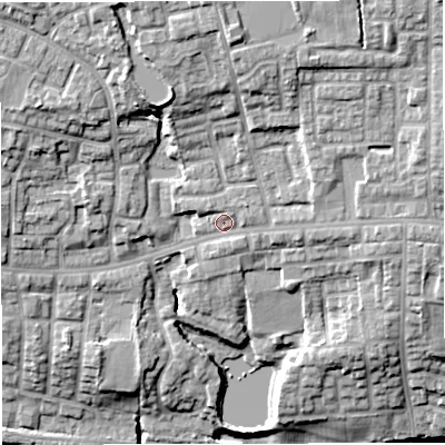 Shaded relief map of the ground around M283LU, computed from Environment Agency LiDAR. The ground here sits at about 85 m above sea level and falls 24 m across the surrounding 800 m. Surface water reaching this point runs off ground lying to the north-north-east, 9.5 m higher.
