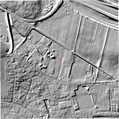 Shaded relief map of the ground around M283LY, computed from Environment Agency LiDAR. The ground here sits at about 96 m above sea level and falls 17 m across the surrounding 800 m. Surface water reaching this point runs off ground lying to the west, 7.9 m higher.