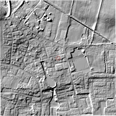 Shaded relief map of the ground around M283PB, computed from Environment Agency LiDAR. The ground here sits at about 94 m above sea level and falls 21 m across the surrounding 800 m. Surface water reaching this point runs off ground lying to the north-north-west, 8.1 m higher.
