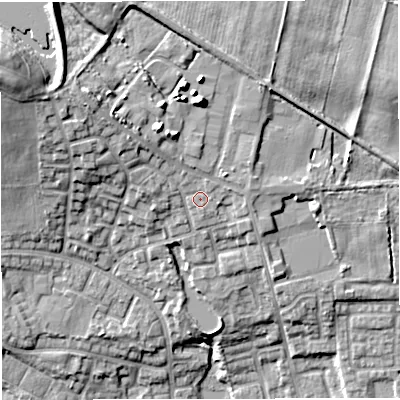 Shaded relief map of the ground around M283PD, computed from Environment Agency LiDAR. The ground here sits at about 95 m above sea level and falls 24 m across the surrounding 800 m. Surface water reaching this point runs off ground lying to the north-north-west, 1.6 m higher.