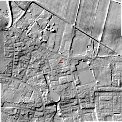 Shaded relief map of the ground around M283PS, computed from Environment Agency LiDAR. The ground here sits at about 95 m above sea level and falls 22 m across the surrounding 800 m. Surface water reaching this point runs off ground lying to the north-north-west, 8.1 m higher.