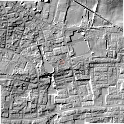 Shaded relief map of the ground around M283WW, computed from Environment Agency LiDAR. The ground here sits at about 91 m above sea level and falls 22 m across the surrounding 800 m. Surface water reaching this point runs off ground lying to the north-north-east, 2.5 m higher.
