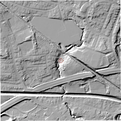 Shaded relief map of the ground around M287FT, computed from Environment Agency LiDAR. The ground here sits at about 57 m above sea level and falls 23 m across the surrounding 800 m. Surface water reaching this point runs off ground lying to the north-west, 16.3 m higher.