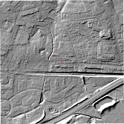 Shaded relief map of the ground around M287GA, computed from Environment Agency LiDAR. The ground here sits at about 57 m above sea level and falls 21 m across the surrounding 800 m. Surface water reaching this point runs off ground lying to the north-north-east, 3.3 m higher.