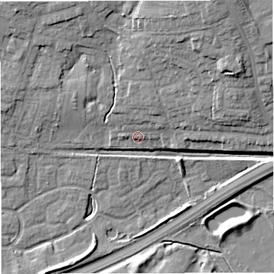 Shaded relief map of the ground around M287HA, computed from Environment Agency LiDAR. The ground here sits at about 56 m above sea level and falls 20 m across the surrounding 800 m. Surface water reaching this point runs off ground lying to the north-north-east, 3.3 m higher.