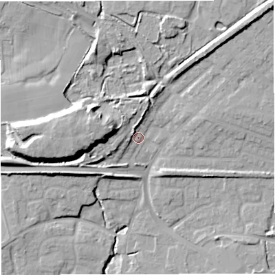 Shaded relief map of the ground around M287UJ, computed from Environment Agency LiDAR. The ground here sits at about 54 m above sea level and falls 20 m across the surrounding 800 m. Surface water reaching this point runs off ground lying to the west-north-west, 13.8 m higher.