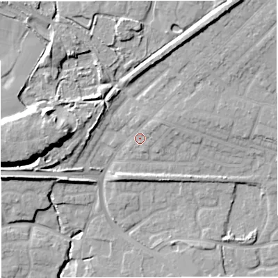Shaded relief map of the ground around M287UL, computed from Environment Agency LiDAR. The ground here sits at about 55 m above sea level and falls 20 m across the surrounding 800 m. Surface water reaching this point runs off ground lying to the north-east, 5.0 m higher.