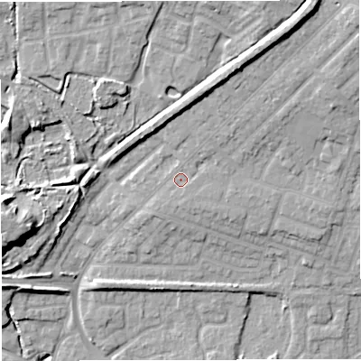 Shaded relief map of the ground around M287UP, computed from Environment Agency LiDAR. The ground here sits at about 57 m above sea level and falls 22 m across the surrounding 800 m. Surface water reaching this point runs off ground lying to the north-east, 1.9 m higher.