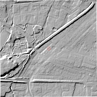 Shaded relief map of the ground around M287UW, computed from Environment Agency LiDAR. The ground here sits at about 57 m above sea level and falls 20 m across the surrounding 800 m. Surface water reaching this point runs off ground lying to the north-east, 13.7 m higher.