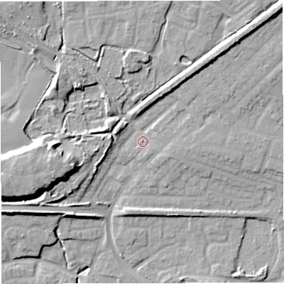 Shaded relief map of the ground around M287UZ, computed from Environment Agency LiDAR. The ground here sits at about 55 m above sea level and falls 21 m across the surrounding 800 m. Surface water reaching this point runs off ground lying to the east-north-east, 2.2 m higher.