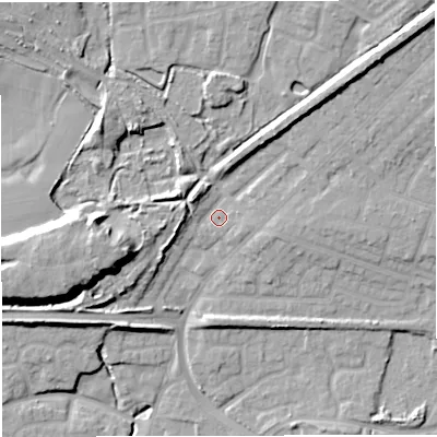 Shaded relief map of the ground around M287WA, computed from Environment Agency LiDAR. The ground here sits at about 55 m above sea level and falls 21 m across the surrounding 800 m. Surface water reaching this point runs off ground lying to the north-east, 13.7 m higher.