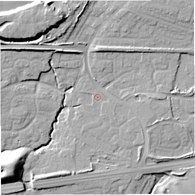 Shaded relief map of the ground around M287XF, computed from Environment Agency LiDAR. The ground here sits at about 51 m above sea level and falls 22 m across the surrounding 800 m. Surface water reaching this point runs off ground lying to the south-east, 1.2 m higher.