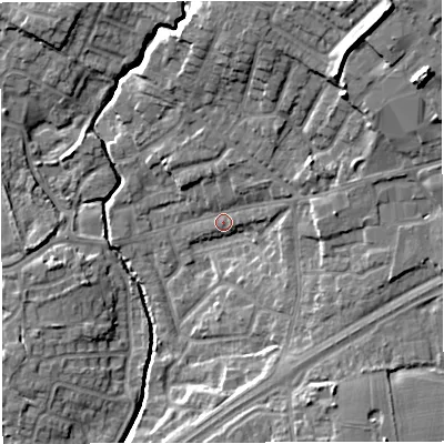 Shaded relief map of the ground around M297BG, computed from Environment Agency LiDAR. The ground here sits at about 23 m above sea level and falls 19 m across the surrounding 800 m. Surface water reaching this point runs off ground lying to the north-east, 14.7 m higher.